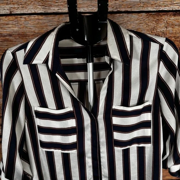 Express Navy White Striped Button Blouse  Work Casual Top| M - Picture 4 of 11